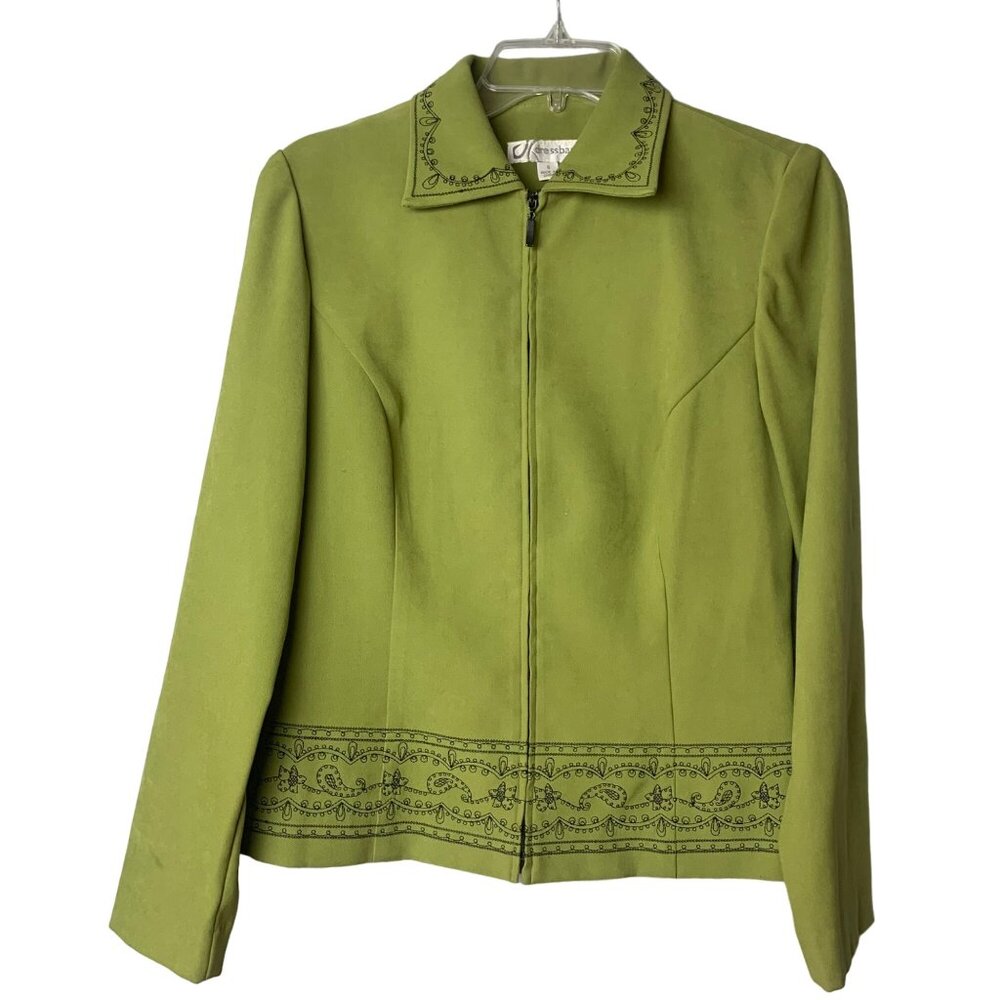 Dressbarn Womens Green‎ Embroidered Zip-Up Jacket Size 6